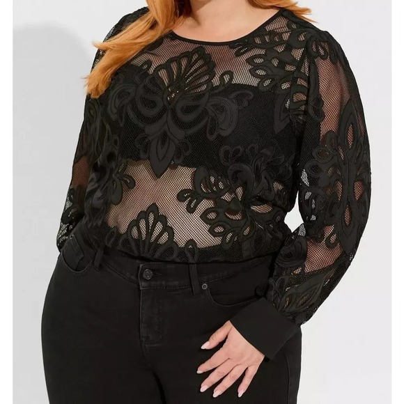 torrid Tops - Torrid Mesh With Embroidery Long Sleeve Blouse Sheer Top Keyhole Plus Size 1 1X
